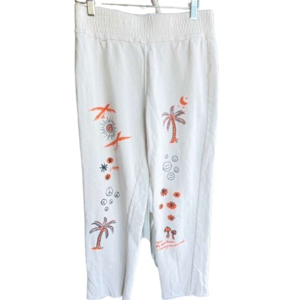 Mother Womens Cream Graphic Cotton Lounge Sweatpants Palm Tree Smiley Cozy Small - Picture 2 of 12